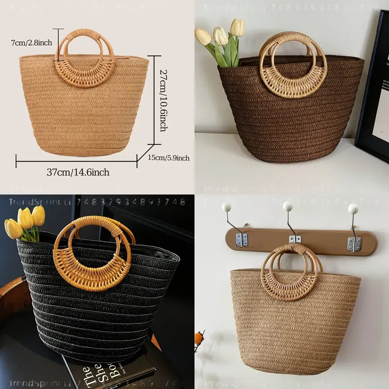 女性用夏用紙製トートバッグ 大容量 無地 丸型木製ハンドル  - Women'S Bags Handbags のレビューと価格